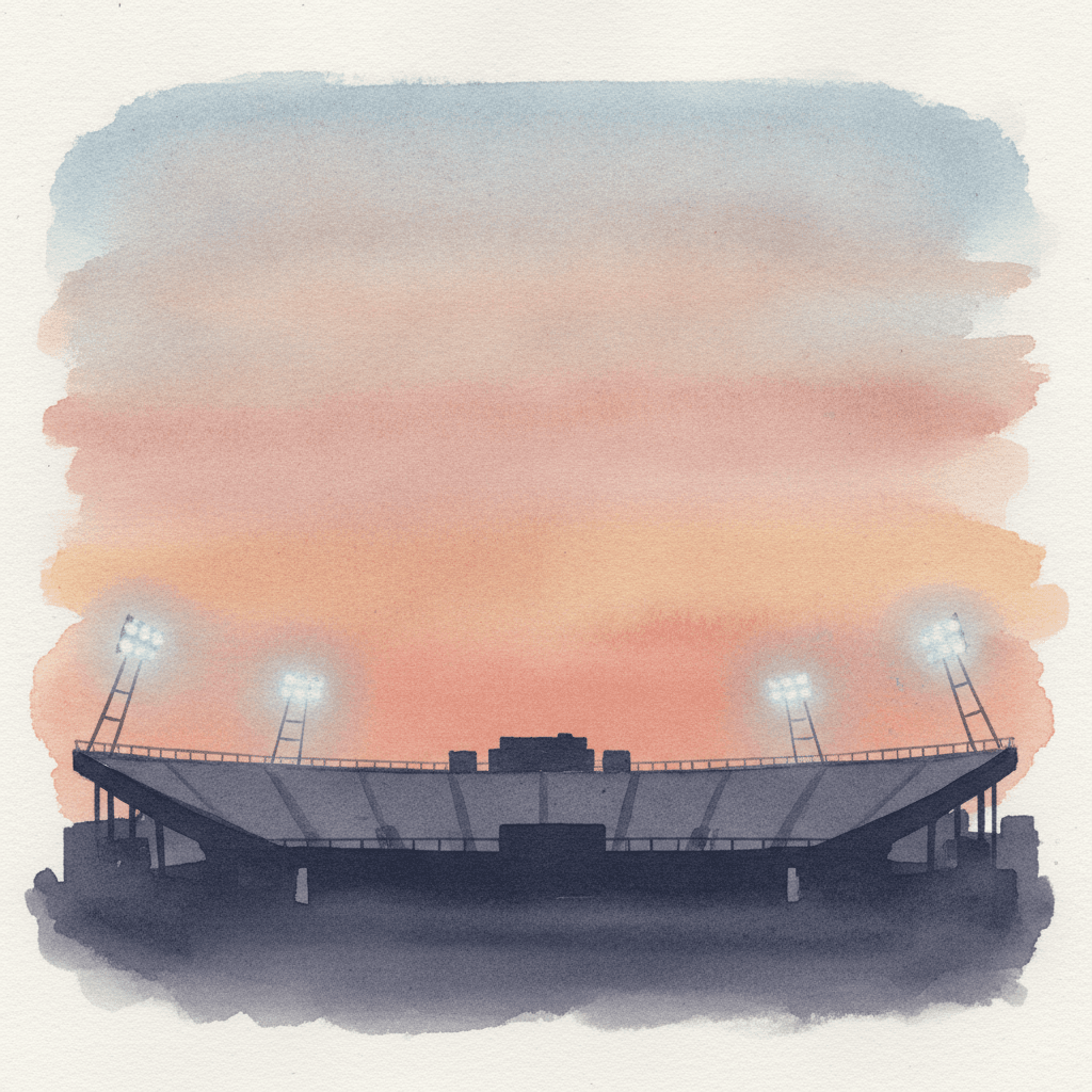 An abstract editorial illustration of an empty stadium silhouette against a Colorado sunset, with stadium lights just beginning to glow, in cool arena light…