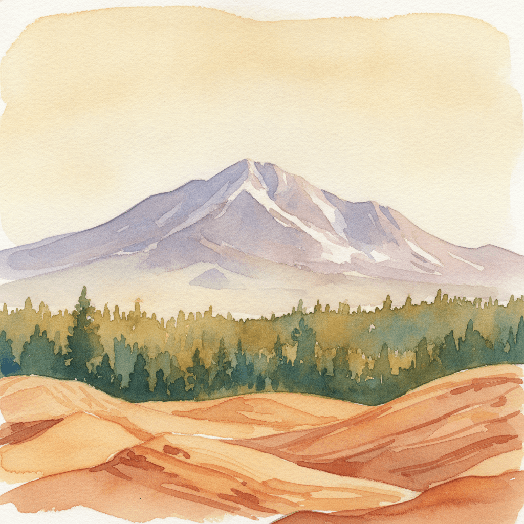 An abstract editorial illustration of a Colorado Springs vista at first light, with Pikes Peak and pine forest in soft watercolor, under golden afternoon…