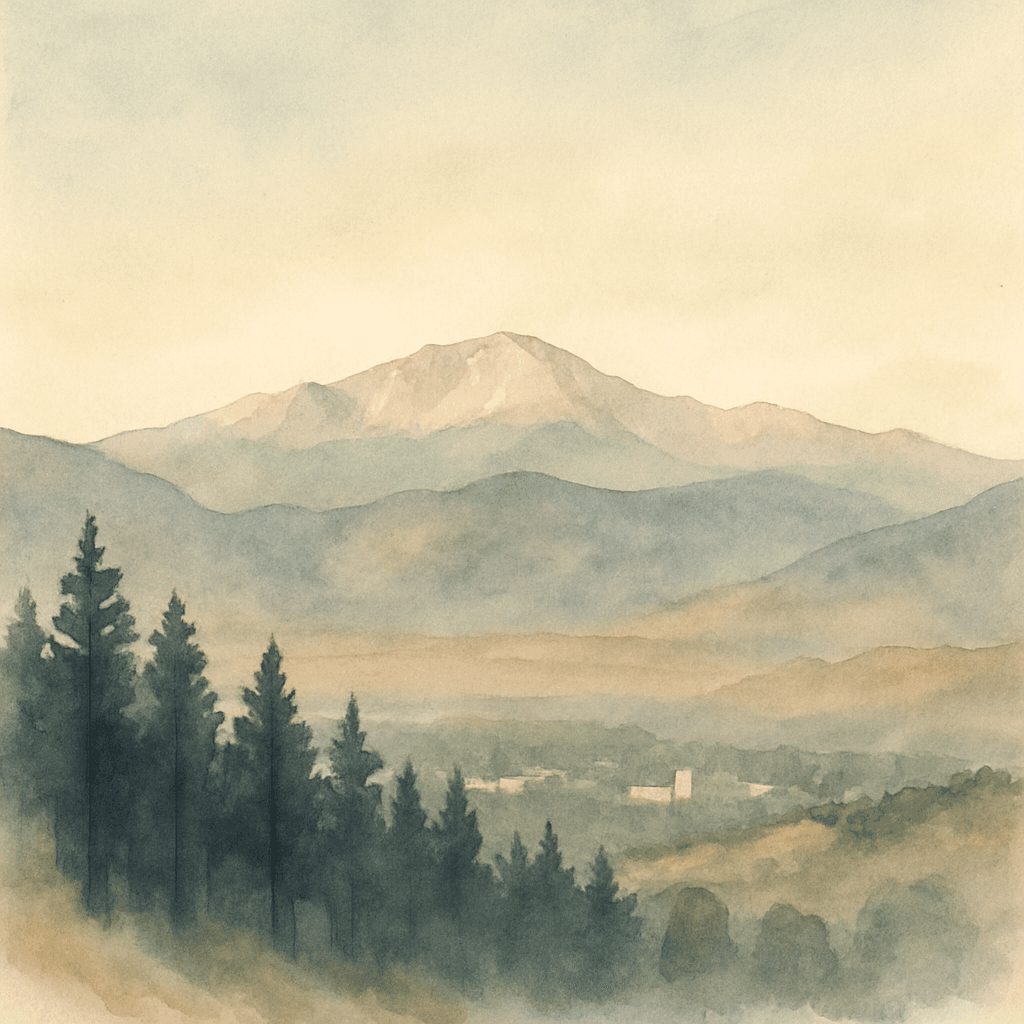An abstract editorial illustration of a Colorado Springs vista at first light, with Pikes Peak and pine forest in soft watercolor, in soft morning light with…