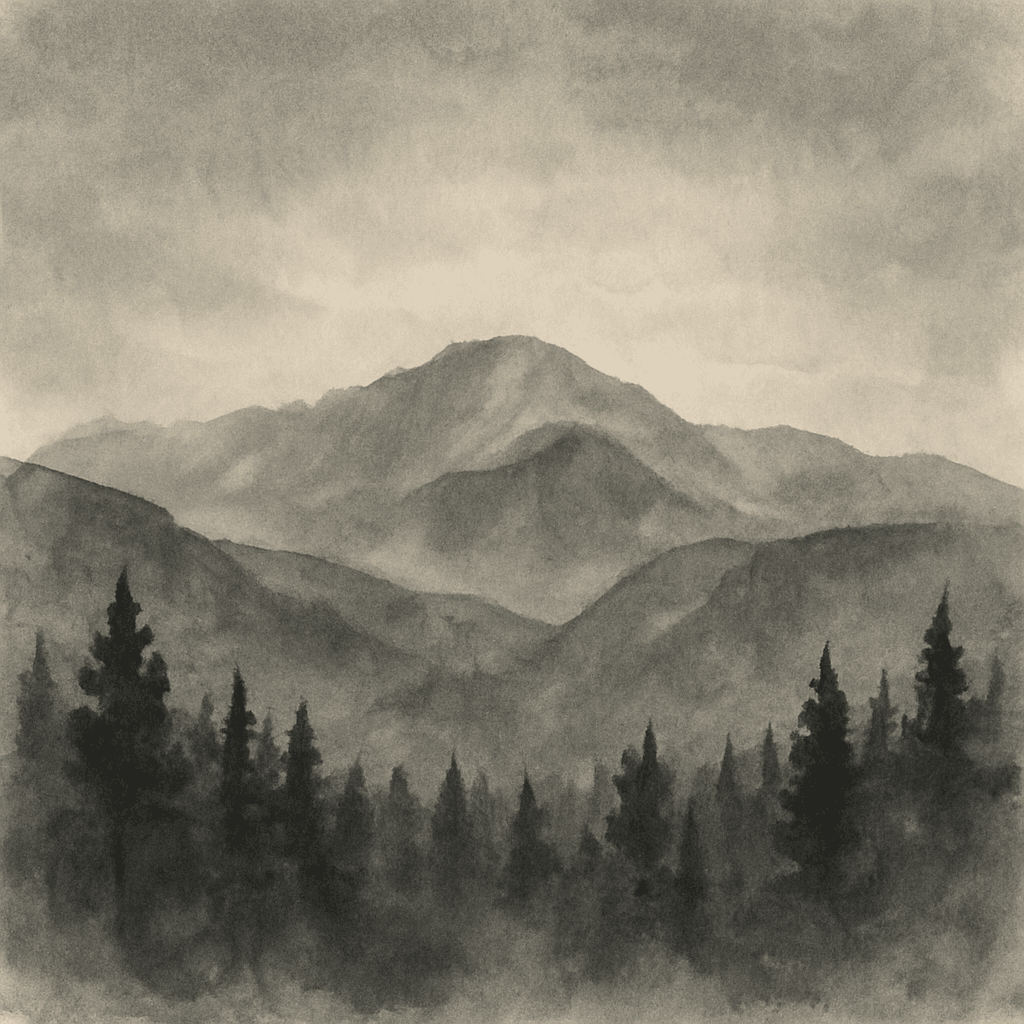 An abstract editorial illustration of a Colorado Springs vista at first light, with Pikes Peak and pine forest in soft watercolor, in murky gray tones with…