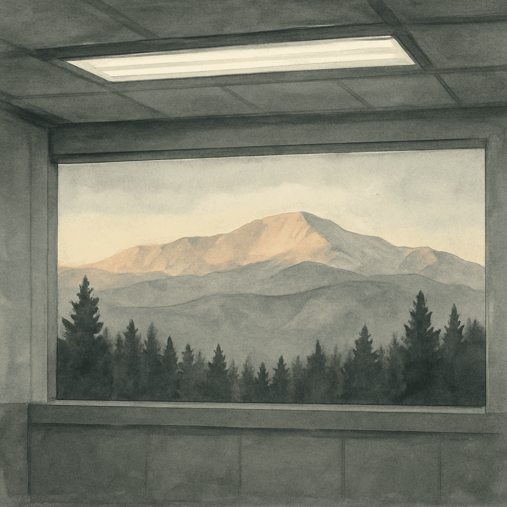 An abstract editorial illustration of a Colorado Springs vista at first light, with Pikes Peak and pine forest in soft watercolor, under harsh fluorescent…