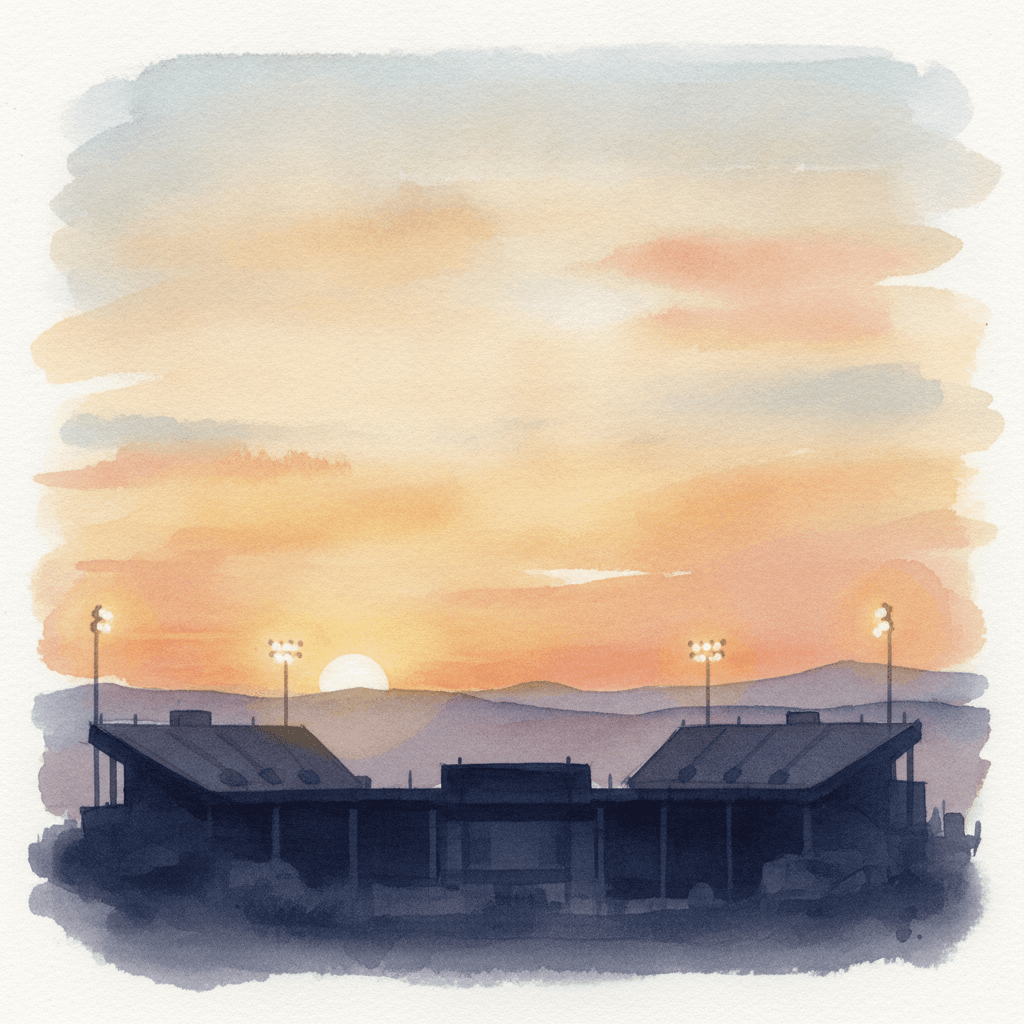 An abstract editorial illustration of an empty stadium silhouette against a Colorado sunset, with stadium lights just beginning to glow, under golden…