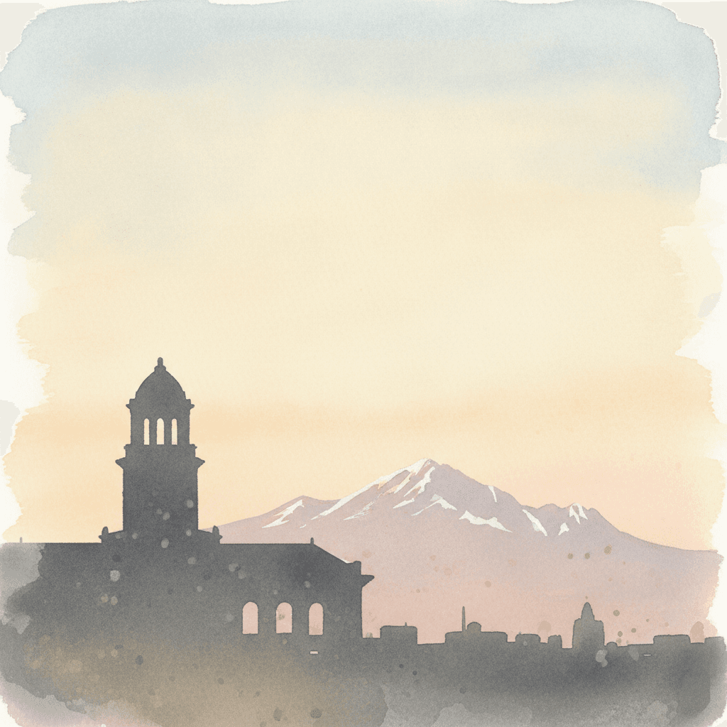 An abstract editorial illustration of a Colorado Springs municipal building silhouette against the morning sky, with Pikes Peak distant on the horizon, under…