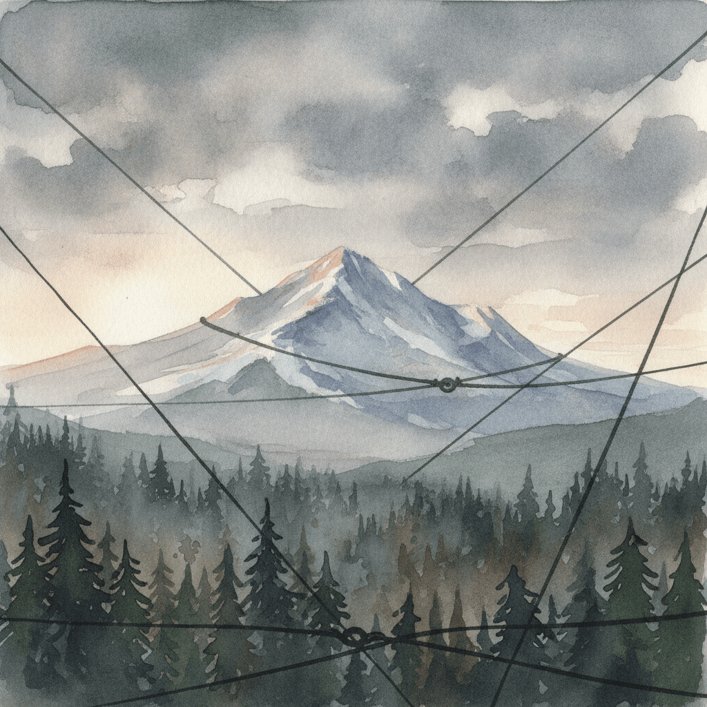 An abstract editorial illustration of a Colorado Springs vista at first light, with Pikes Peak and pine forest in soft watercolor, under gray afternoon light,…