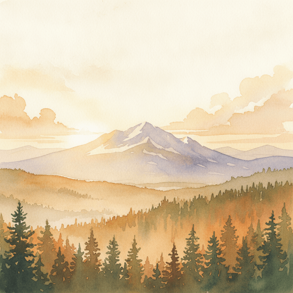 An abstract editorial illustration of a Colorado Springs vista at first light, with Pikes Peak and pine forest in soft watercolor, in warm golden afternoon…