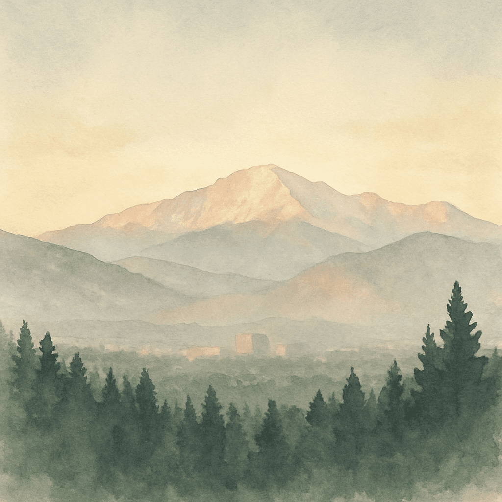 An abstract editorial illustration of a Colorado Springs vista at first light, with Pikes Peak and pine forest in soft watercolor, in soft morning light with…