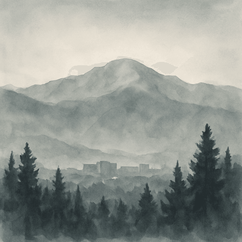An abstract editorial illustration of a Colorado Springs vista at first light, with Pikes Peak and pine forest in soft watercolor, in cool institutional grays…