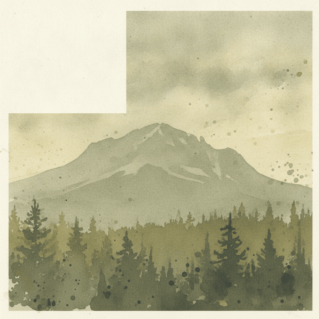 An abstract editorial illustration of a Colorado Springs vista at first light, with Pikes Peak and pine forest in soft watercolor, in murky yellow-gray tones…