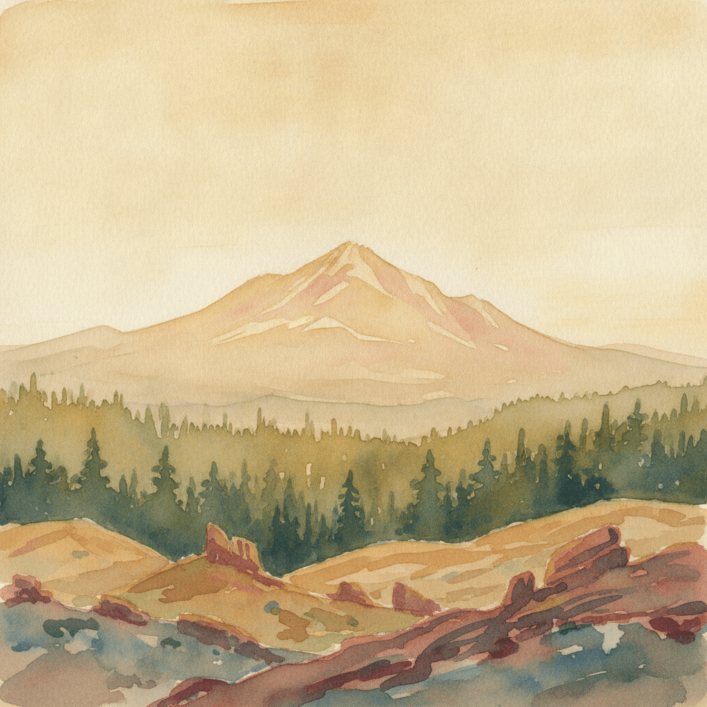An abstract editorial illustration of a Colorado Springs vista at first light, with Pikes Peak and pine forest in soft watercolor, in golden afternoon light…