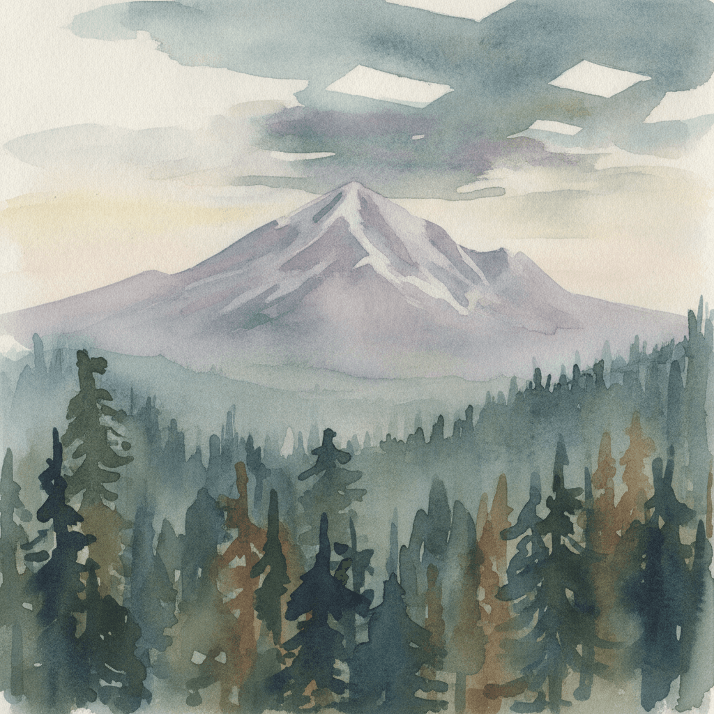 An abstract editorial illustration of a Colorado Springs vista at first light, with Pikes Peak and pine forest in soft watercolor, under fluorescent…