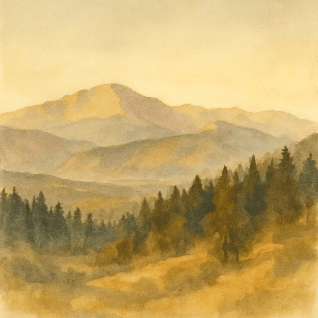 An abstract editorial illustration of a Colorado Springs vista at first light, with Pikes Peak and pine forest in soft watercolor, in dusty golden afternoon…