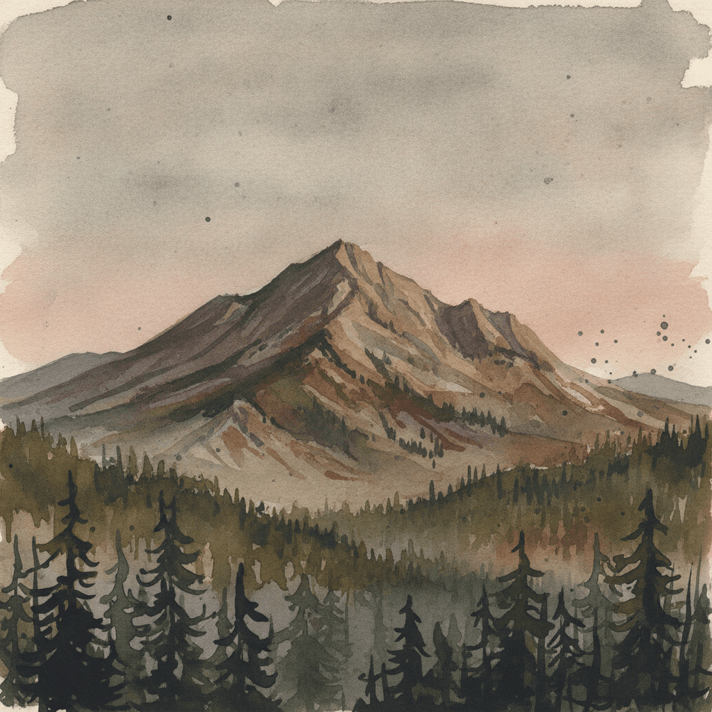 An abstract editorial illustration of a Colorado Springs vista at first light, with Pikes Peak and pine forest in soft watercolor, in heavy earth tones with…