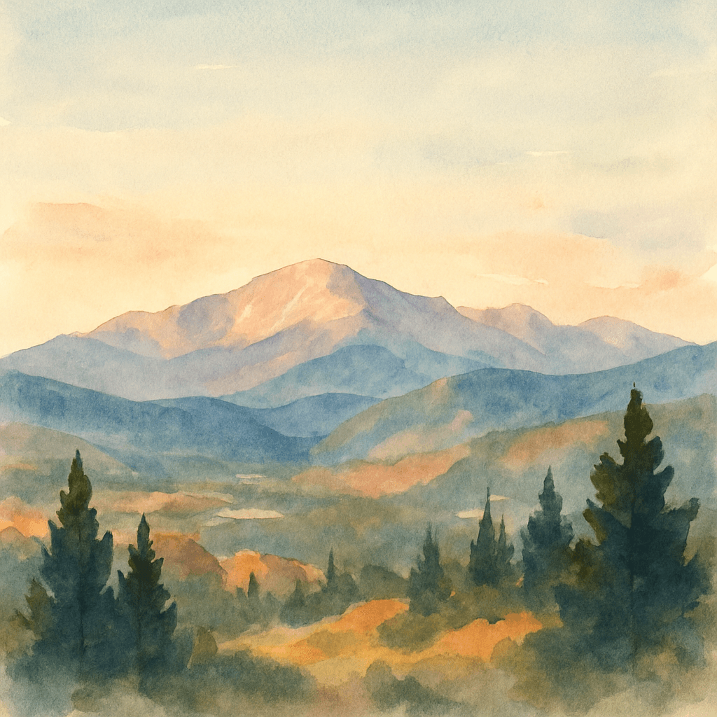 An abstract editorial illustration of a Colorado Springs vista at first light, with Pikes Peak and pine forest in soft watercolor, in bright high-altitude…