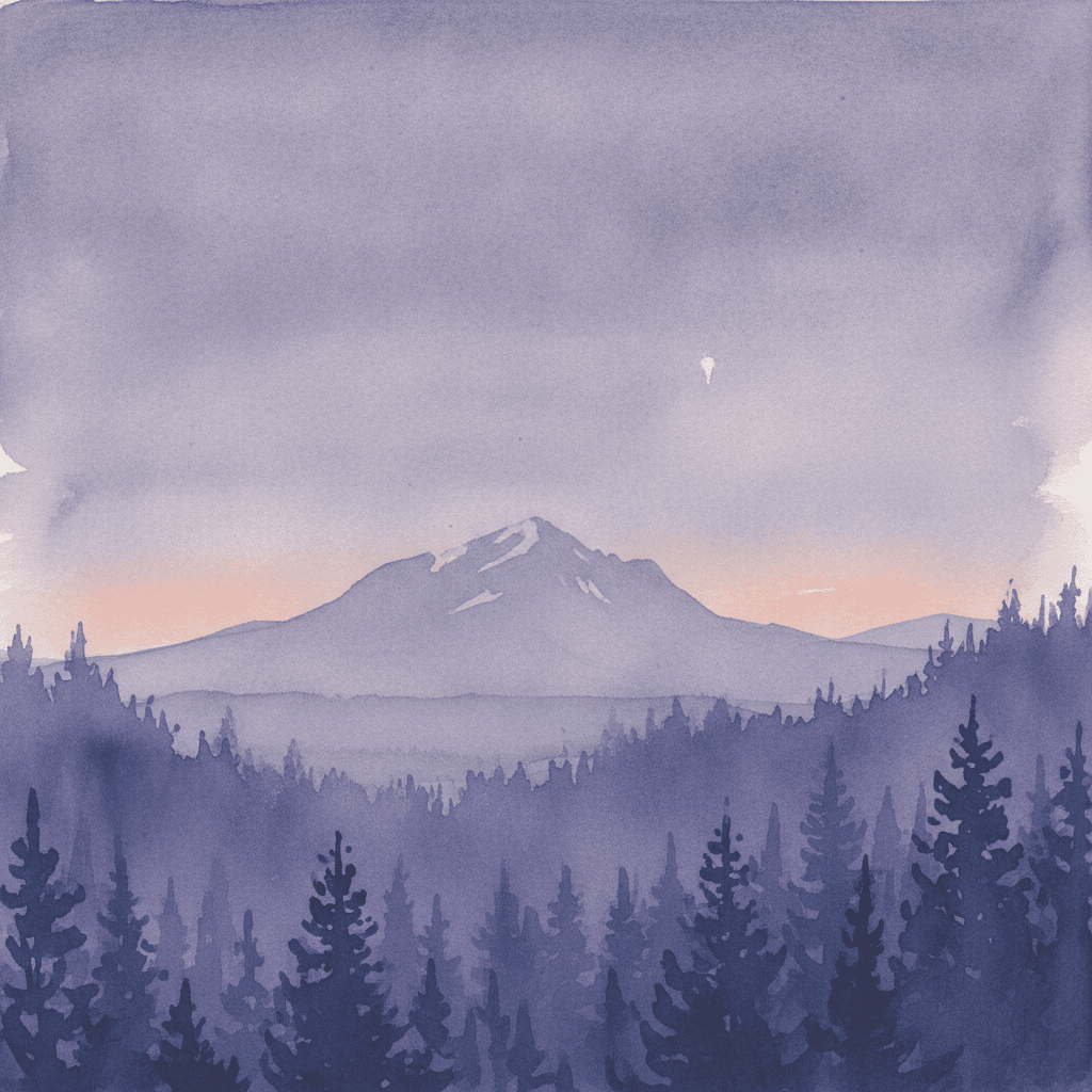 An abstract editorial illustration of a Colorado Springs vista at first light, with Pikes Peak and pine forest in soft watercolor, in dim violet twilight with…