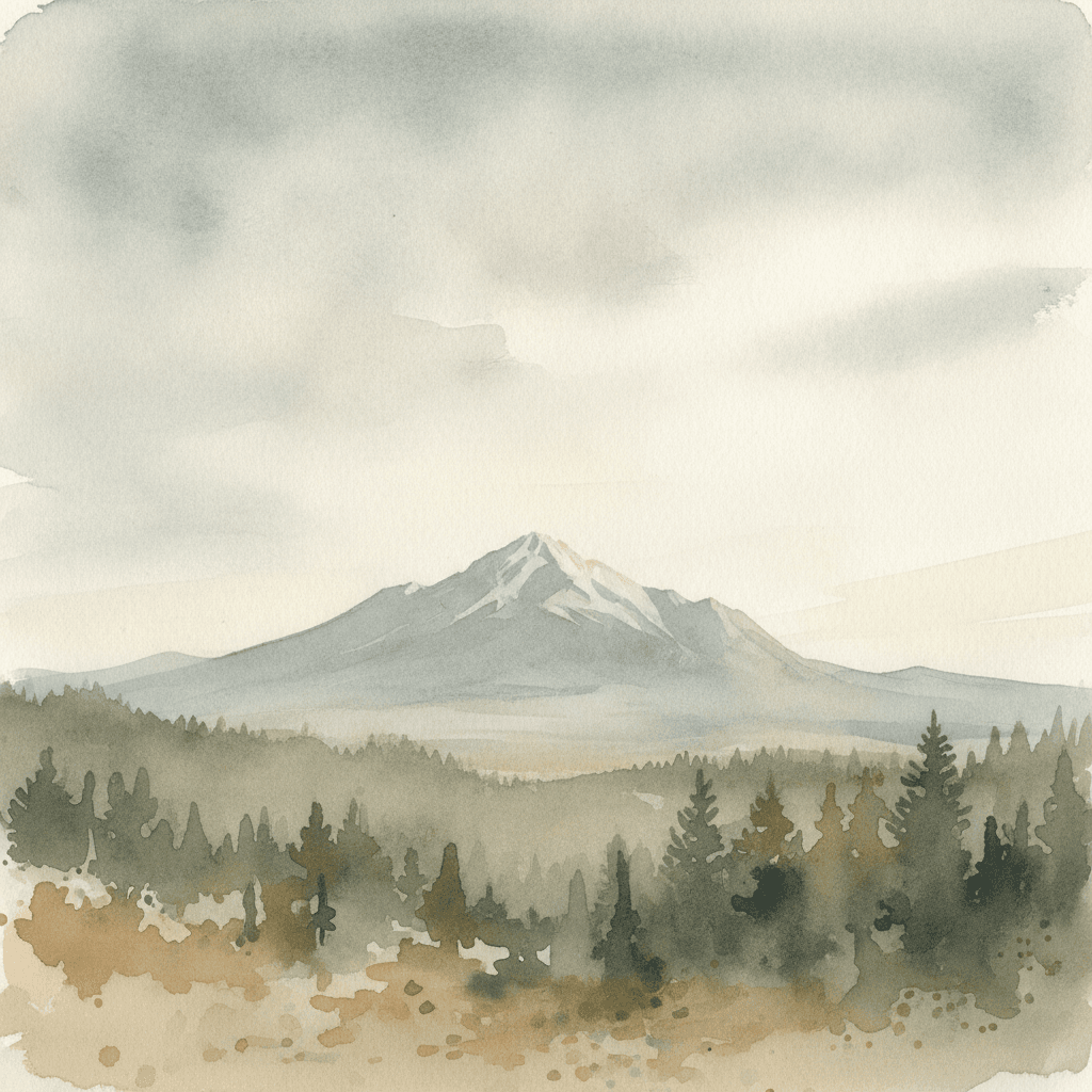 An abstract editorial illustration of a Colorado Springs vista at first light, with Pikes Peak and pine forest in soft watercolor, in washed-out grays and…
