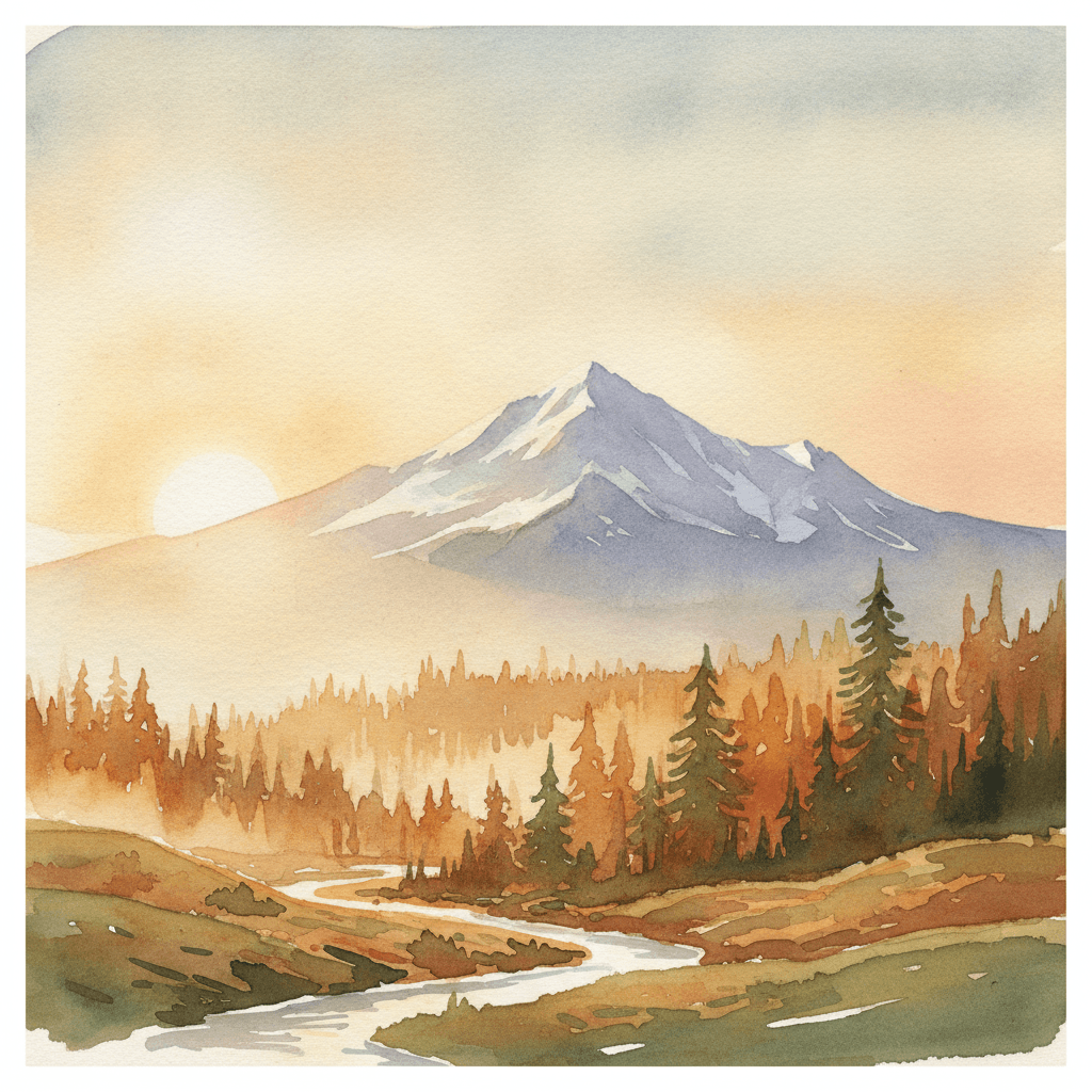 An abstract editorial illustration of a Colorado Springs vista at first light, with Pikes Peak and pine forest in soft watercolor, in golden late-afternoon…
