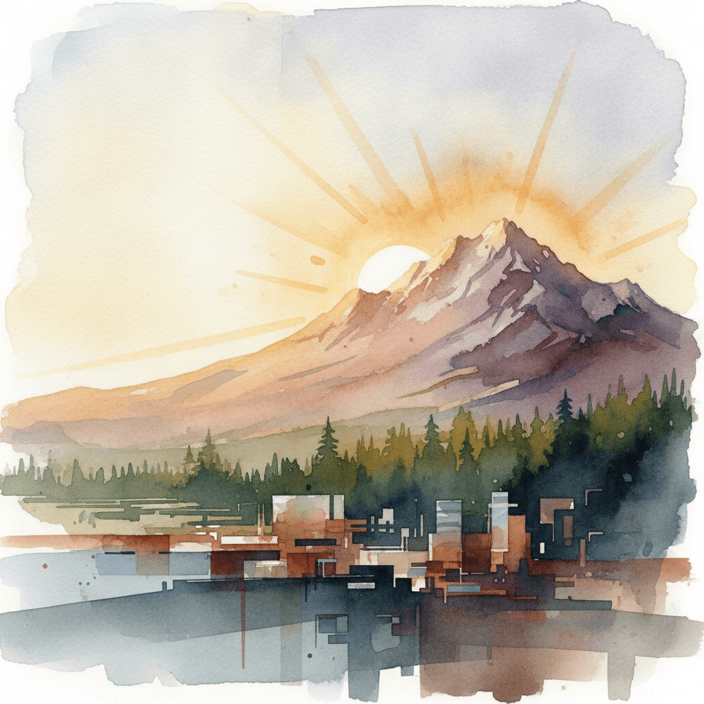 An abstract editorial illustration of a Colorado Springs vista at first light, with Pikes Peak and pine forest in soft watercolor, with golden afternoon…