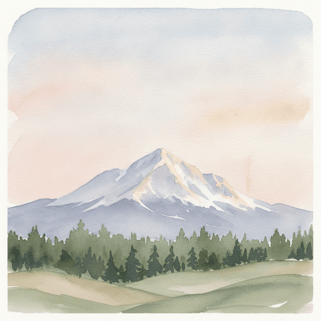 An abstract editorial illustration of a Colorado Springs vista at first light, with Pikes Peak and pine forest in soft watercolor, beneath high altitude…