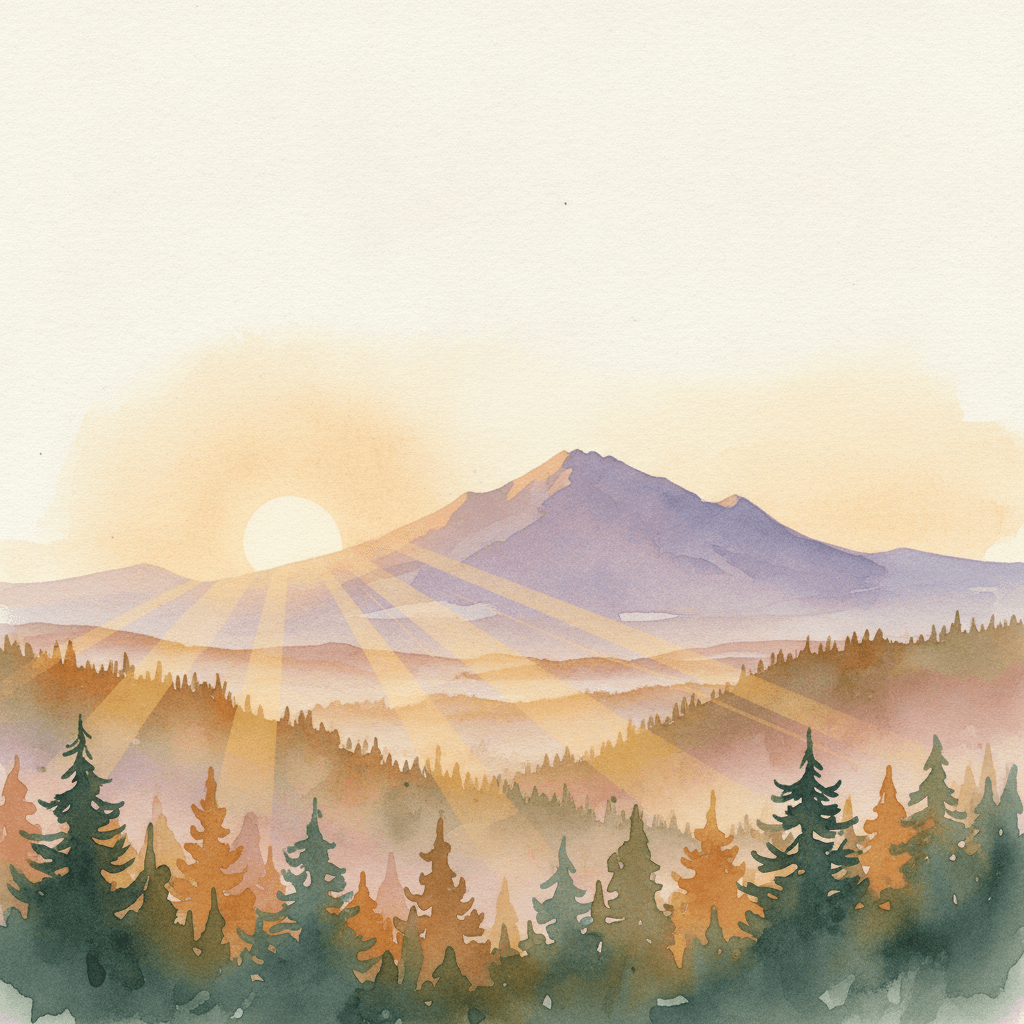 An abstract editorial illustration of a Colorado Springs vista at first light, with Pikes Peak and pine forest in soft watercolor, in warm afternoon light…
