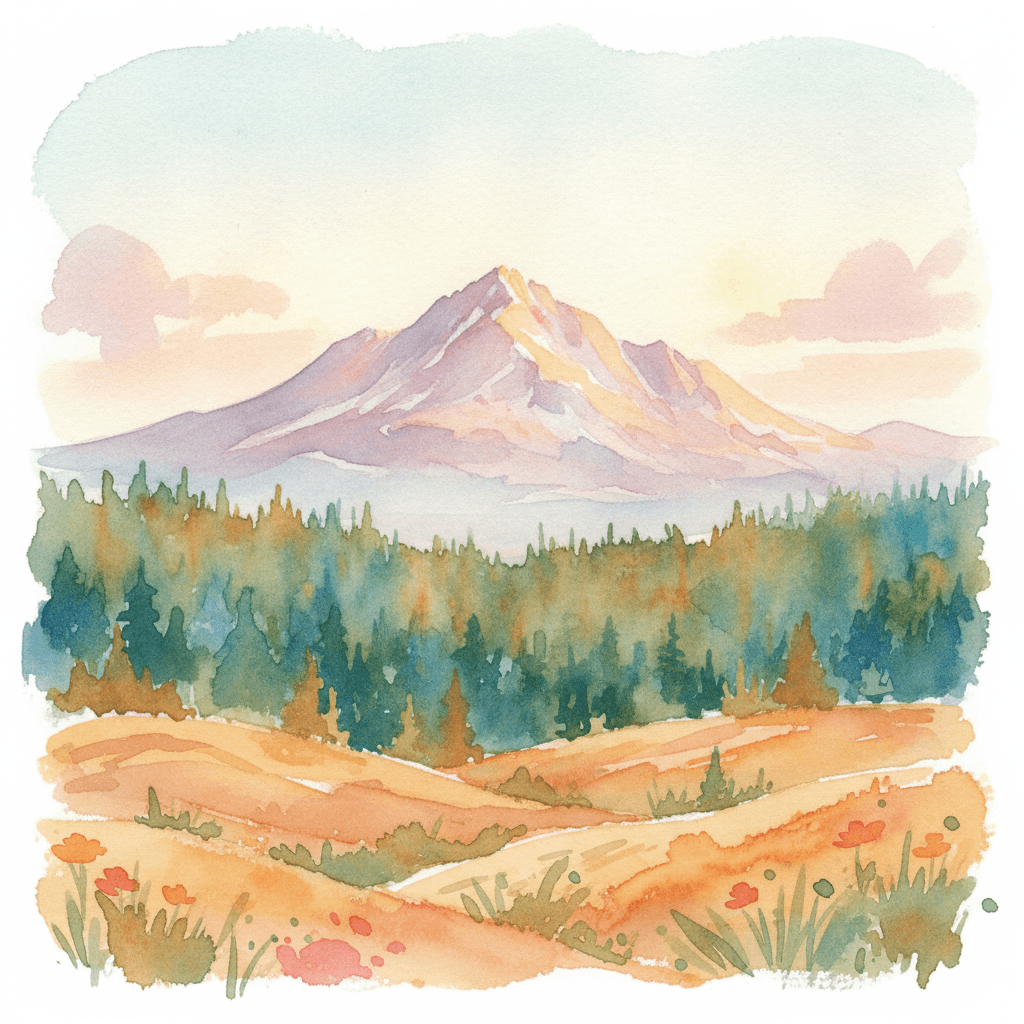 An abstract editorial illustration of a Colorado Springs vista at first light, with Pikes Peak and pine forest in soft watercolor, in bright afternoon light…