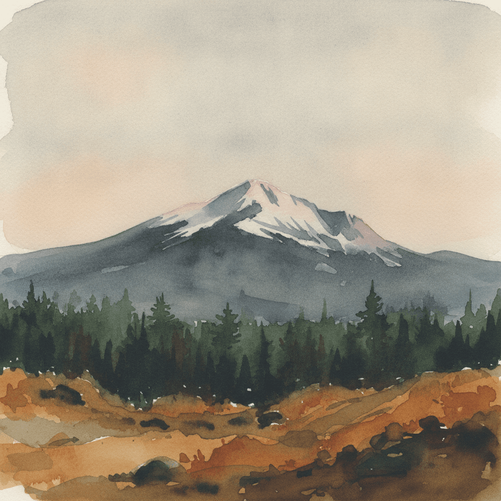 An abstract editorial illustration of a Colorado Springs vista at first light, with Pikes Peak and pine forest in soft watercolor, in dim autumn twilight,…