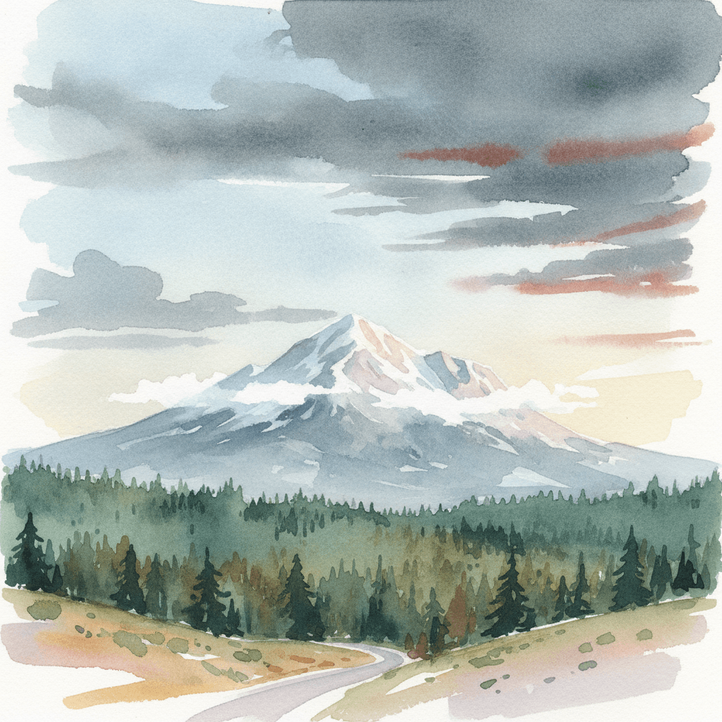 An abstract editorial illustration of a Colorado Springs vista at first light, with Pikes Peak and pine forest in soft watercolor, beneath humid tropical…