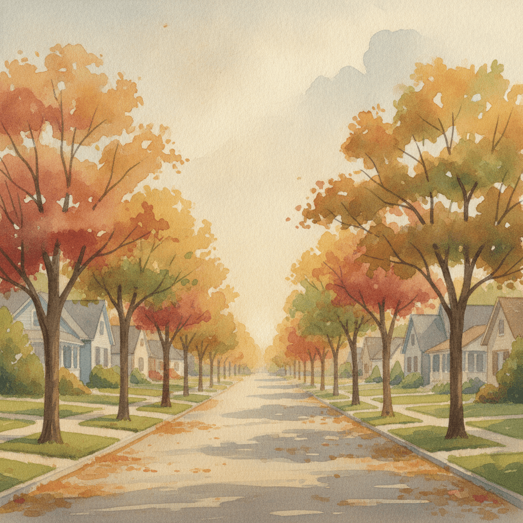 An abstract editorial illustration of a quiet Colorado Springs residential street with mature trees, viewed in early autumn light, in soft golden afternoon…
