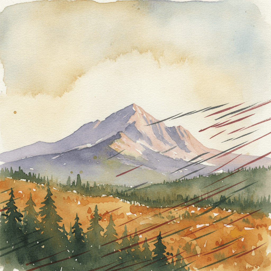 An abstract editorial illustration of a Colorado Springs vista at first light, with Pikes Peak and pine forest in soft watercolor, in late summer gold with…