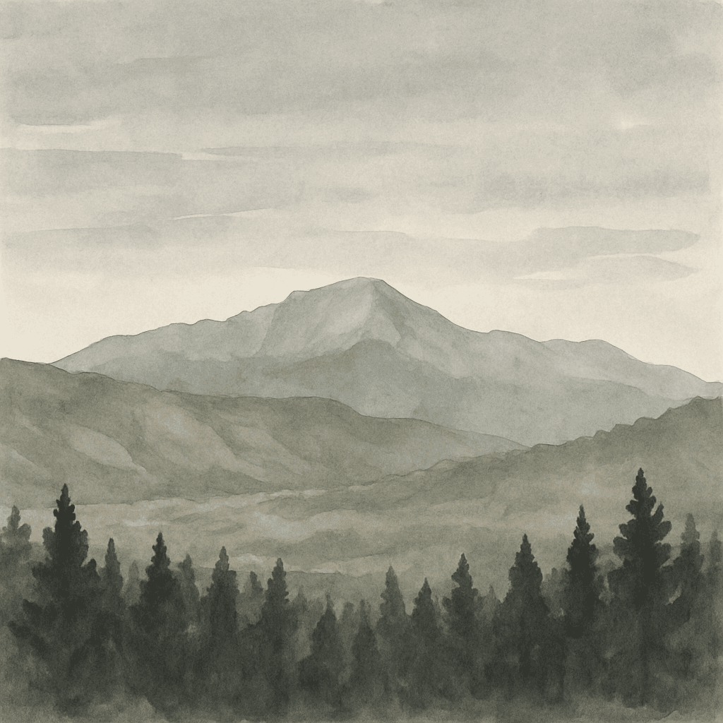 An abstract editorial illustration of a Colorado Springs vista at first light, with Pikes Peak and pine forest in soft watercolor, under muted gray daylight…