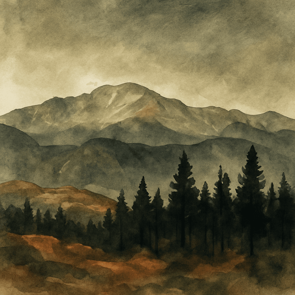 An abstract editorial illustration of a Colorado Springs vista at first light, with Pikes Peak and pine forest in soft watercolor, in harsh afternoon light…