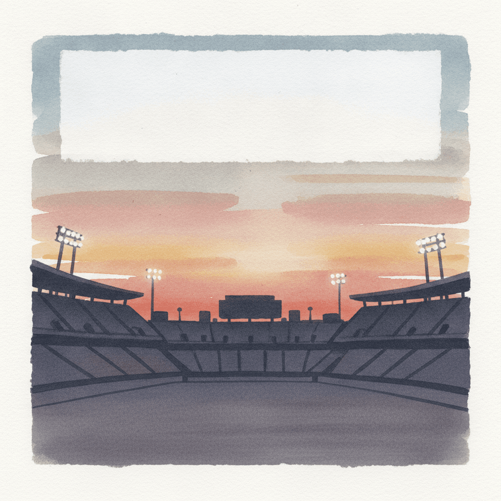 An abstract editorial illustration of an empty stadium silhouette against a Colorado sunset, with stadium lights just beginning to glow, under bright…