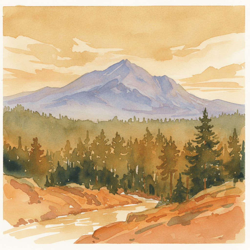 An abstract editorial illustration of a Colorado Springs vista at first light, with Pikes Peak and pine forest in soft watercolor, in golden afternoon light…