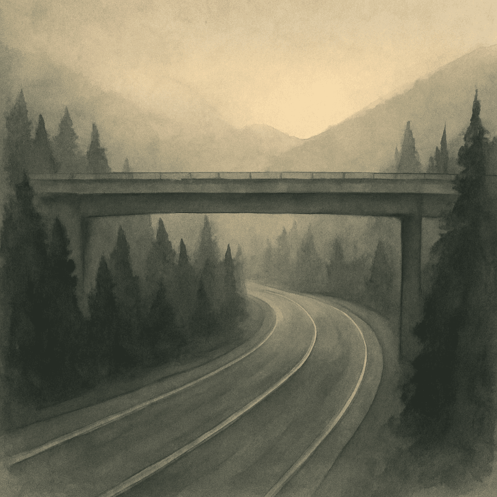 An abstract editorial illustration of a Colorado mountain highway curving through pine forest, viewed from above at golden hour, beneath the overpass in hazy…
