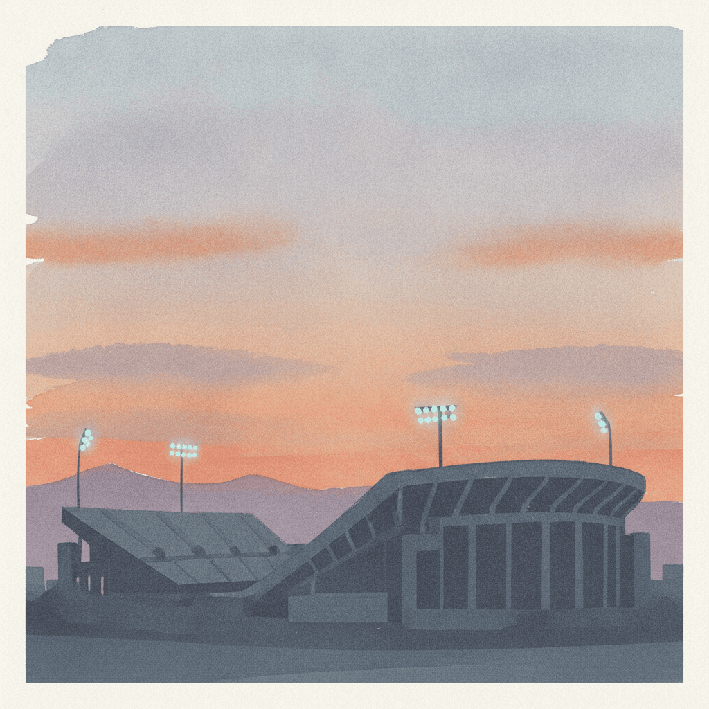 An abstract editorial illustration of an empty stadium silhouette against a Colorado sunset, with stadium lights just beginning to glow, in cool evening light…