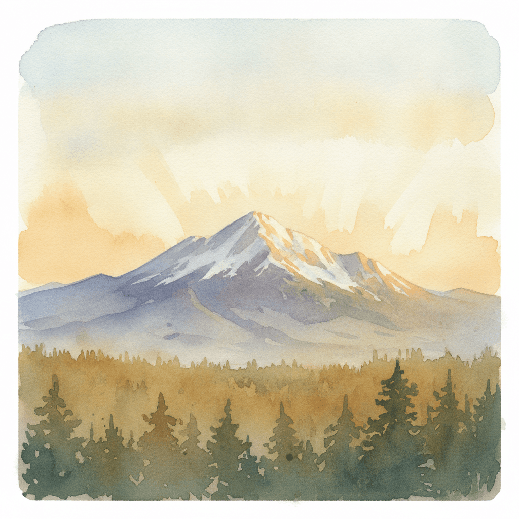 An abstract editorial illustration of a Colorado Springs vista at first light, with Pikes Peak and pine forest in soft watercolor, under afternoon sunlight,…