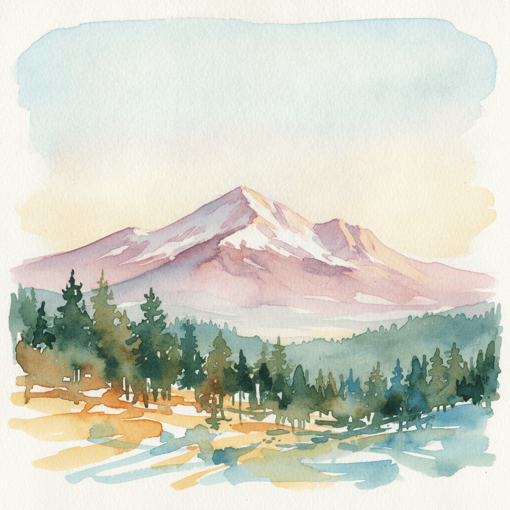 An abstract editorial illustration of a Colorado Springs vista at first light, with Pikes Peak and pine forest in soft watercolor, in bright afternoon stadium…