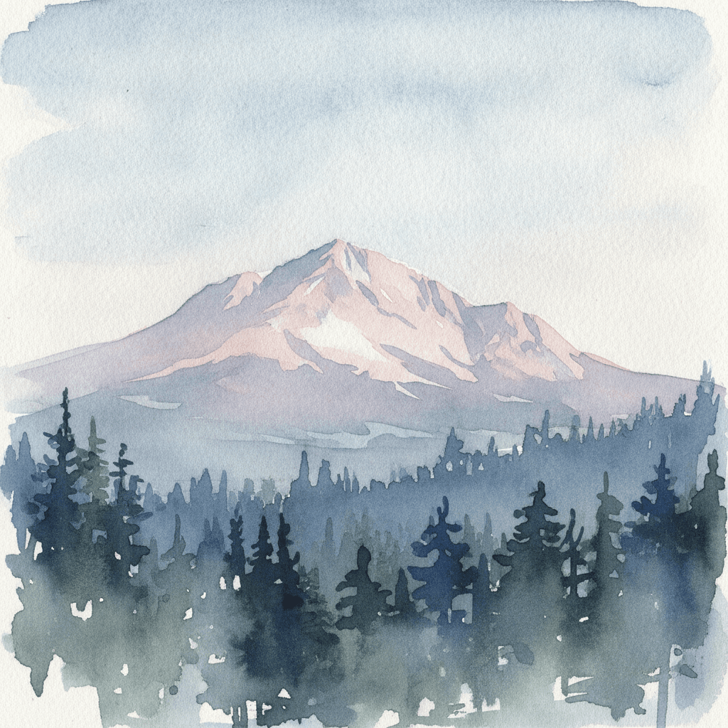 An abstract editorial illustration of a Colorado Springs vista at first light, with Pikes Peak and pine forest in soft watercolor, in cool institutional light…
