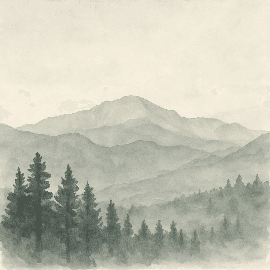 An abstract editorial illustration of a Colorado Springs vista at first light, with Pikes Peak and pine forest in soft watercolor, in pale dawn light with…