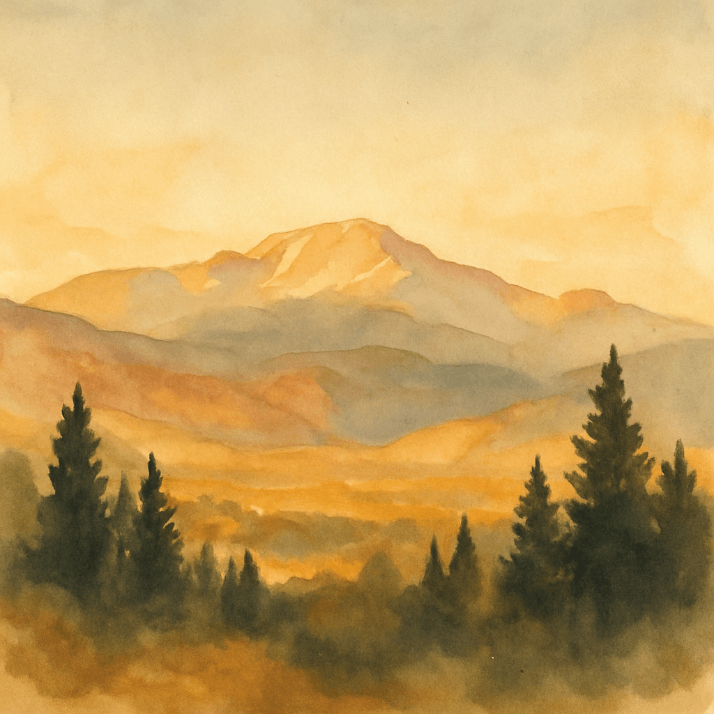 An abstract editorial illustration of a Colorado Springs vista at first light, with Pikes Peak and pine forest in soft watercolor, in warm golden nostalgic…