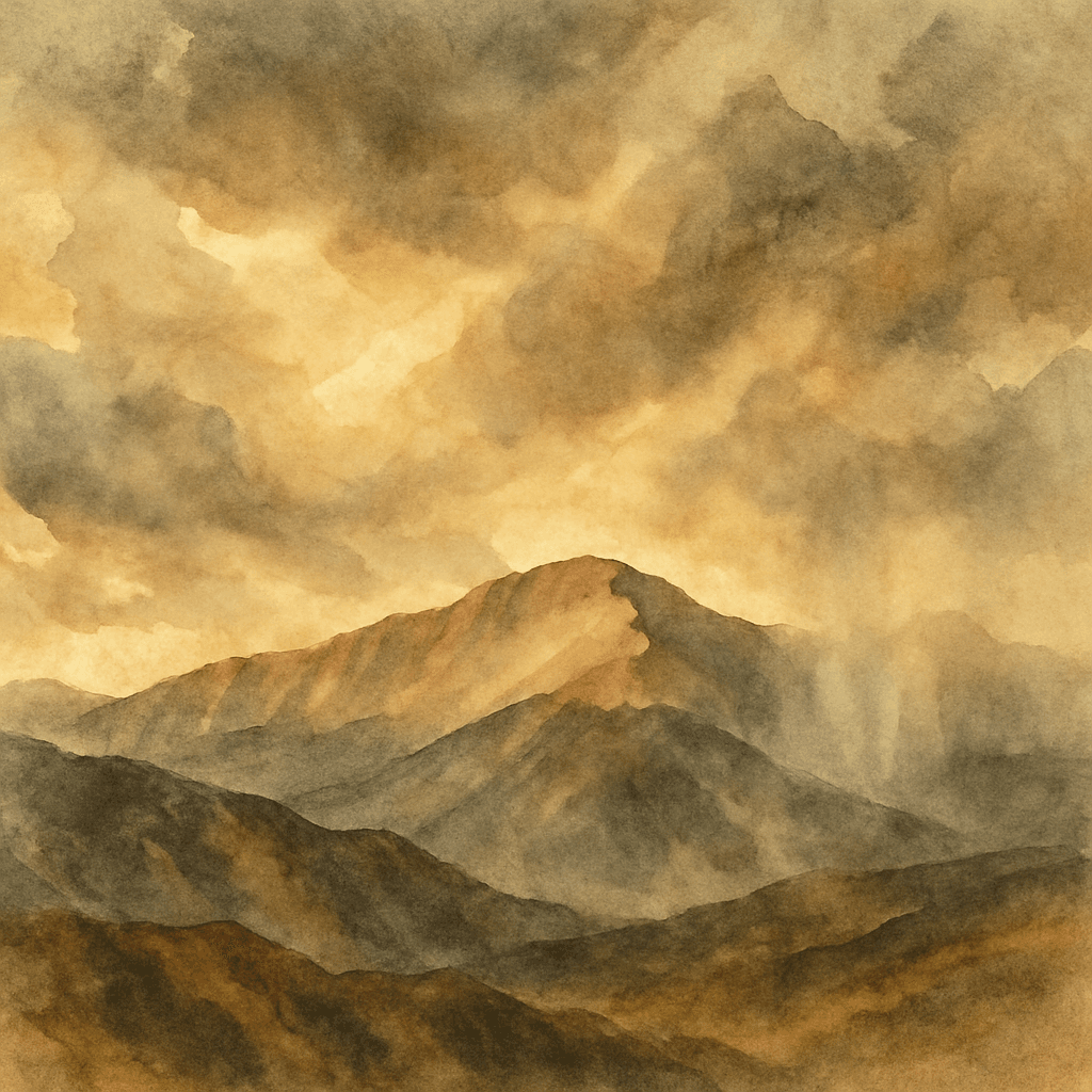 An abstract editorial illustration of Pikes Peak in dramatic atmospheric weather — swirling clouds, distant snow squalls, mountain light, in harsh golden…
