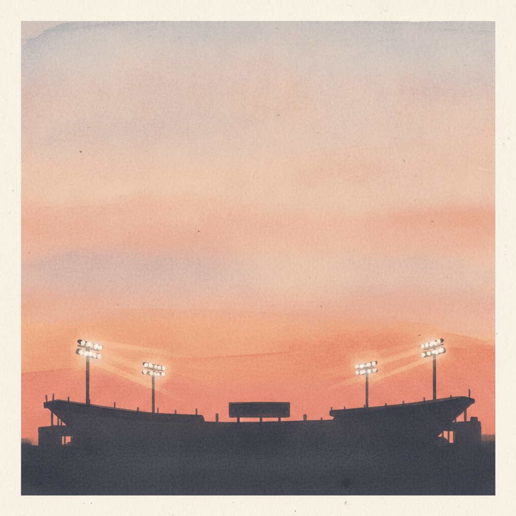 An abstract editorial illustration of an empty stadium silhouette against a Colorado sunset, with stadium lights just beginning to glow, under Friday evening…