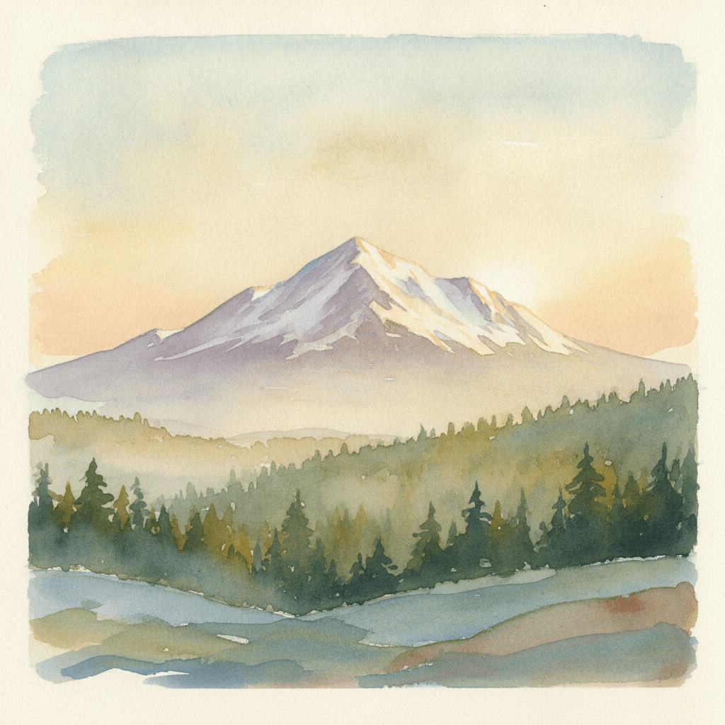 An abstract editorial illustration of a Colorado Springs vista at first light, with Pikes Peak and pine forest in soft watercolor, in soft golden afternoon…