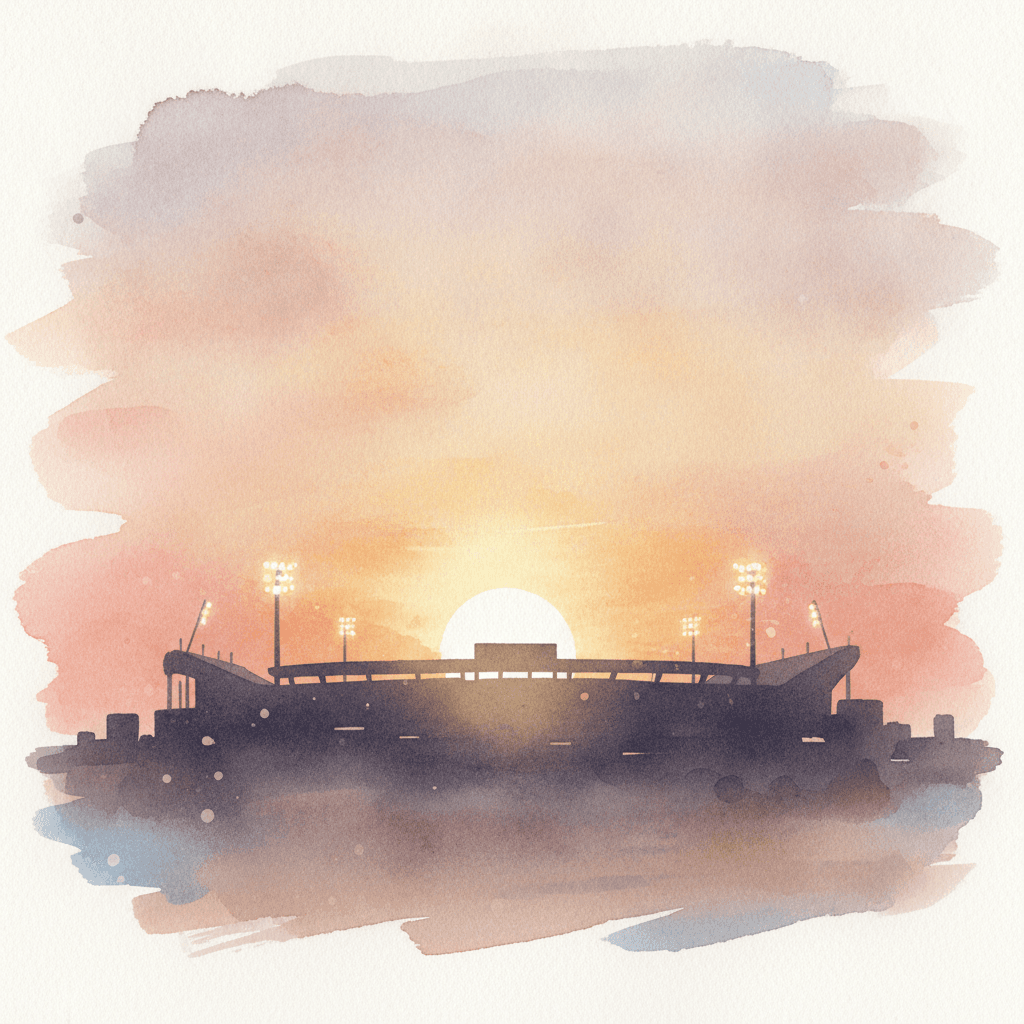 An abstract editorial illustration of an empty stadium silhouette against a Colorado sunset, with stadium lights just beginning to glow, under golden late…