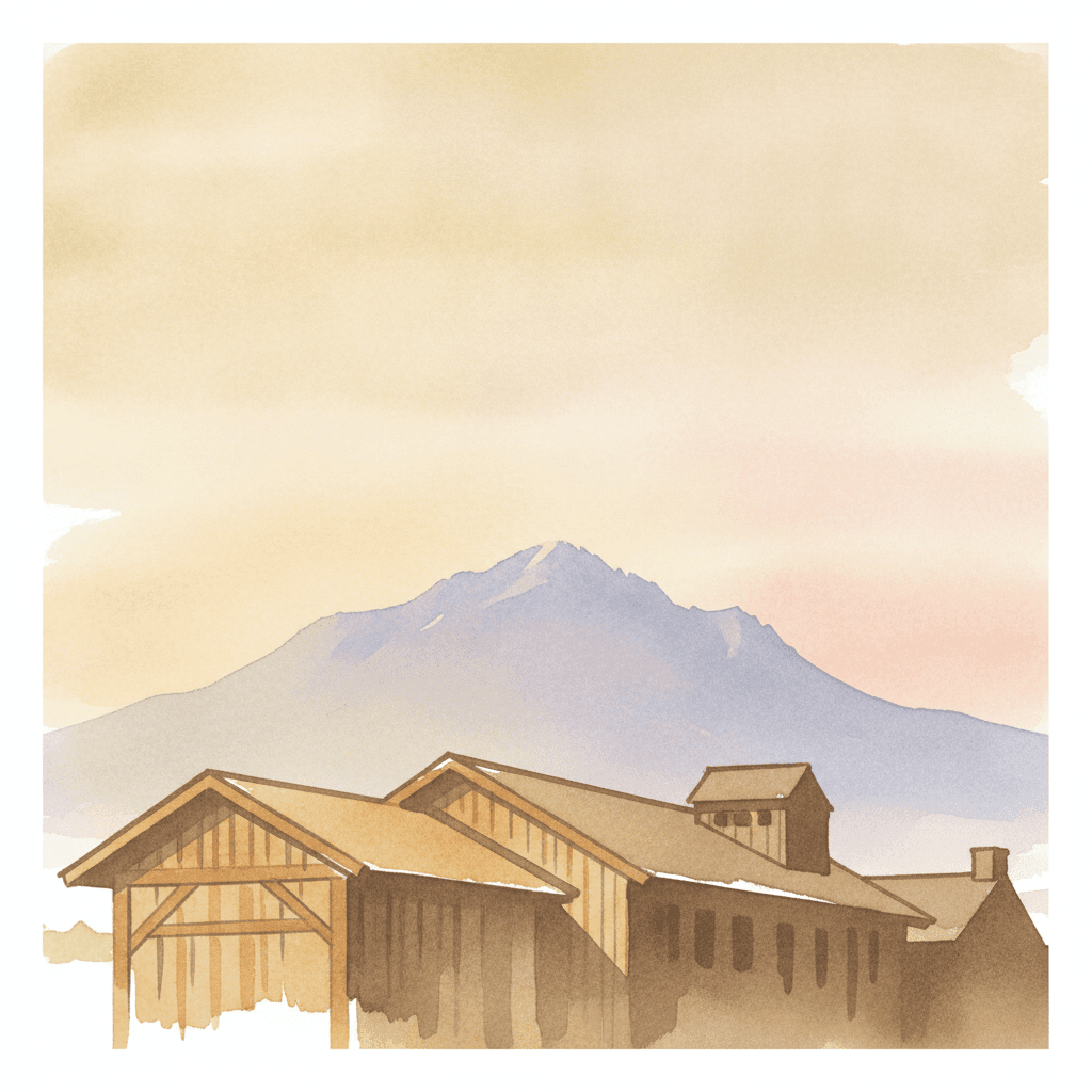 An abstract editorial illustration of a Colorado Springs municipal building silhouette against the morning sky, with Pikes Peak distant on the horizon, in…