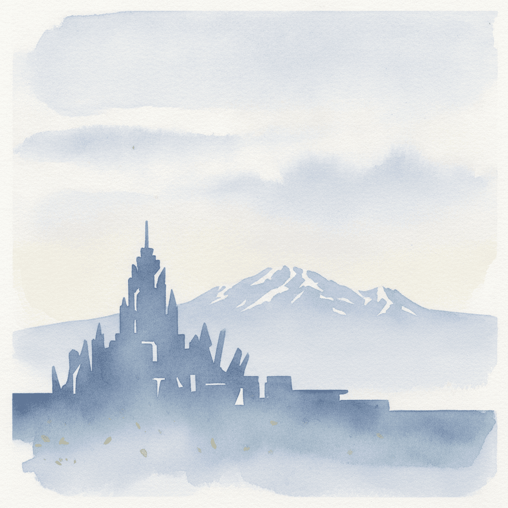 An abstract editorial illustration of a Colorado Springs municipal building silhouette against the morning sky, with Pikes Peak distant on the horizon, in…