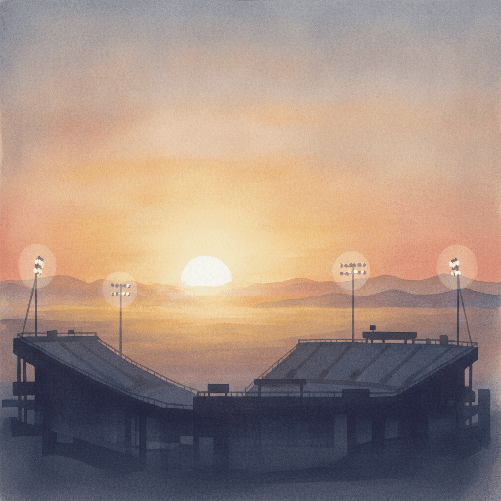 An abstract editorial illustration of an empty stadium silhouette against a Colorado sunset, with stadium lights just beginning to glow, in warm evening light…