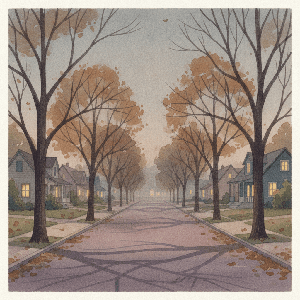 An abstract editorial illustration of a quiet Colorado Springs residential street with mature trees, viewed in early autumn light, in dusky autumn tones, with…