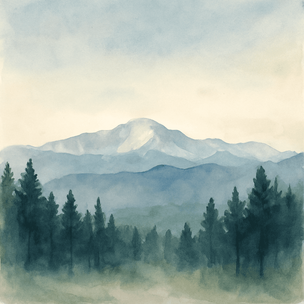 An abstract editorial illustration of a Colorado Springs vista at first light, with Pikes Peak and pine forest in soft watercolor, in cool evening light with…