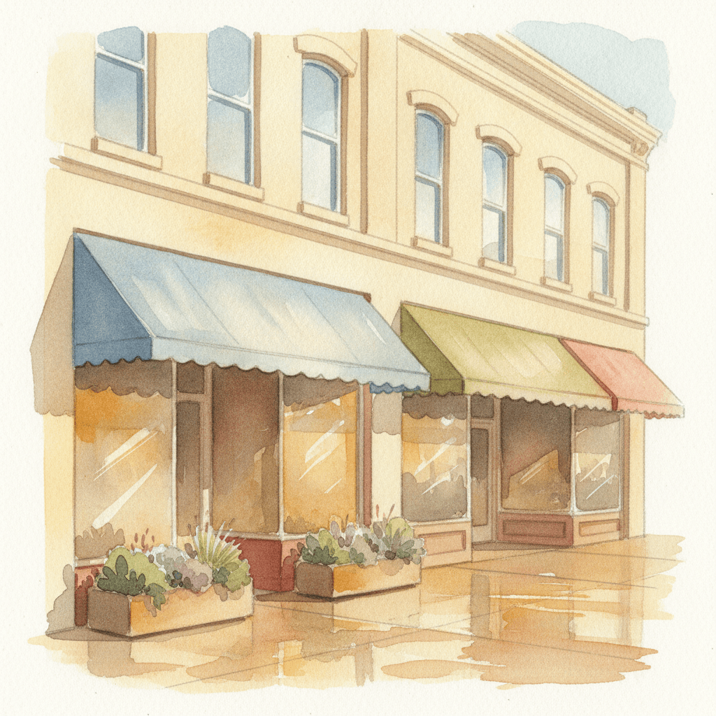 An abstract editorial illustration of downtown Colorado Springs storefronts at golden hour, with awnings, sidewalk planters, and warm reflected light, beneath…