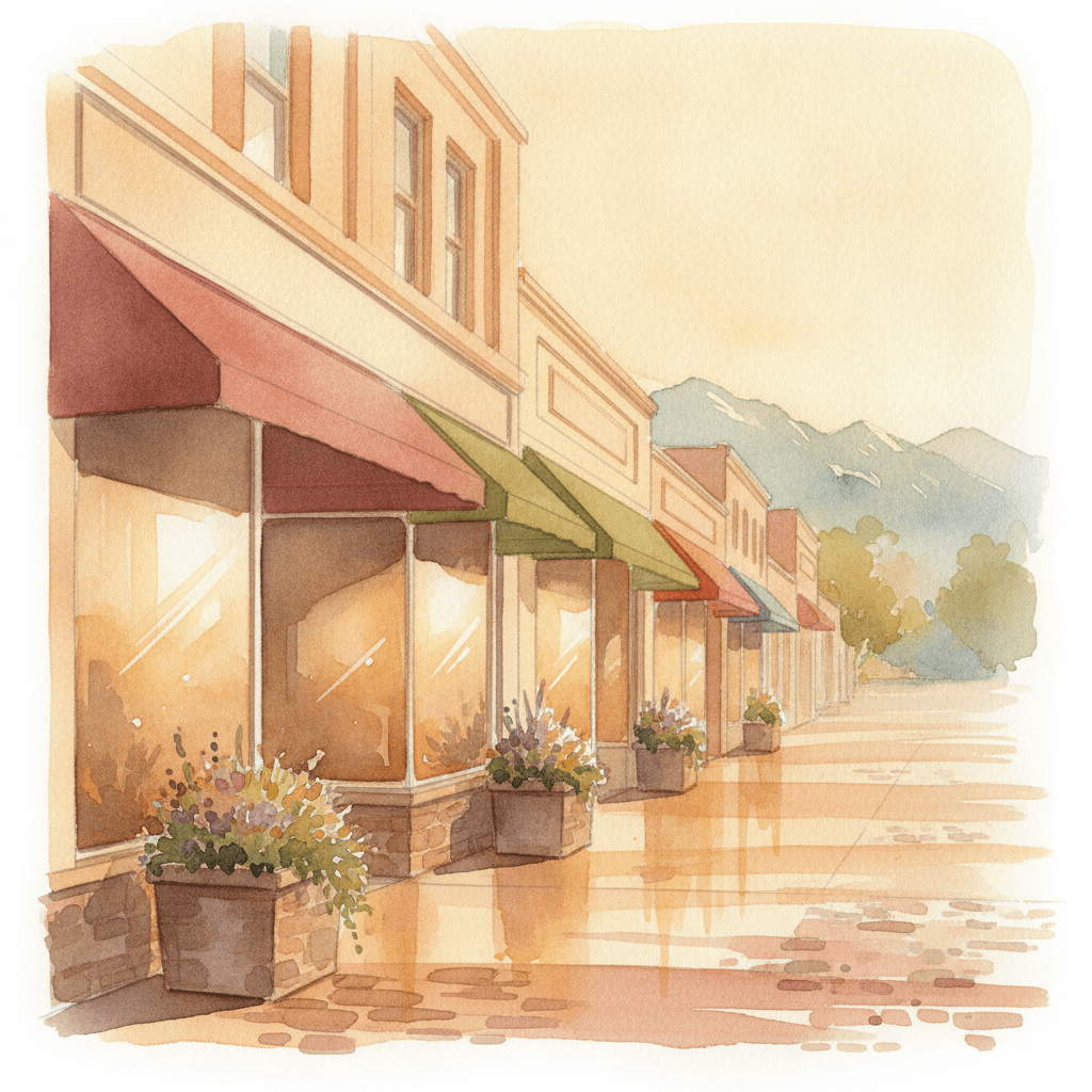 An abstract editorial illustration of downtown Colorado Springs storefronts at golden hour, with awnings, sidewalk planters, and warm reflected light, in warm…